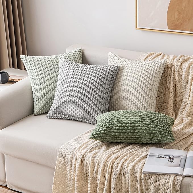 MIULEE Pack of 2 Decorative Throw Pillow Covers 16x16 Inch Soft Boho Striped Textured Corduroy Pillow Covers Modern Farmhouse Home Decor for Couch Bed Sofa Living Room Light Green