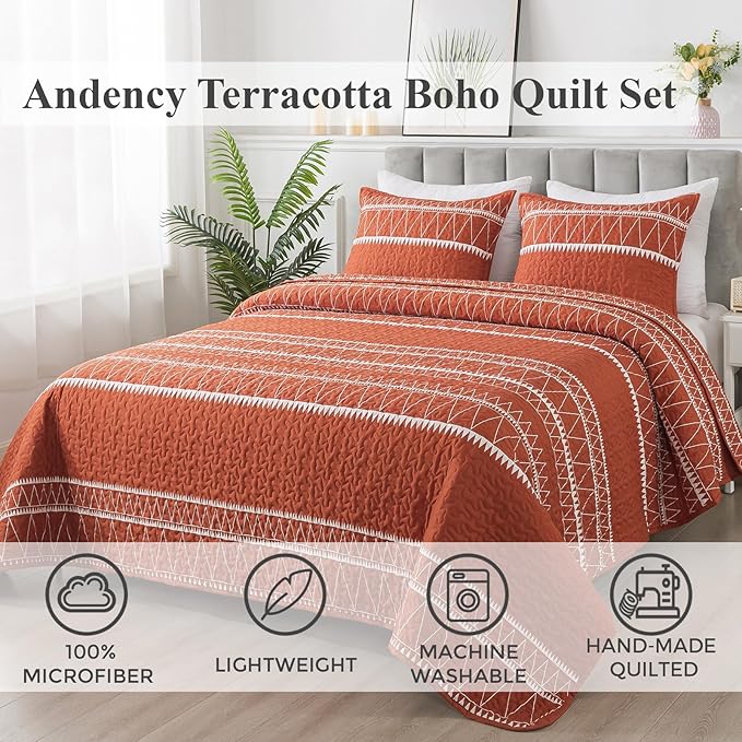 Andency Terracotta Oversized Super King Quilt Set, 3 Pieces Boho Lightweight Soft Striped Bedspread for All Season (120"x120"), Printed Bohemian Microfiber Reversible Coverlet Comforter Sets