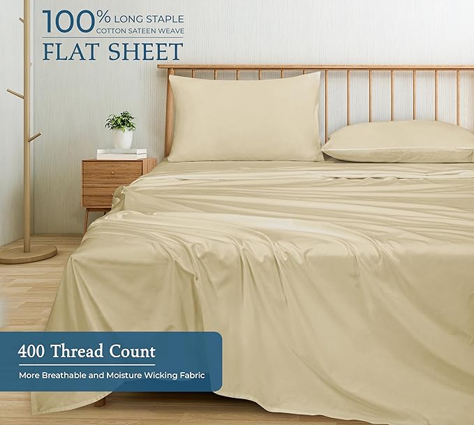 Royale Linen 400 Thread Count 100% American Grown Cotton Flat Sheet - Cooling Sheets - King Sheets - Luxury Sateen Weave - King Flat Sheet Sold Separately - Sand Flat Sheet Only (King, Moroccan Sand)