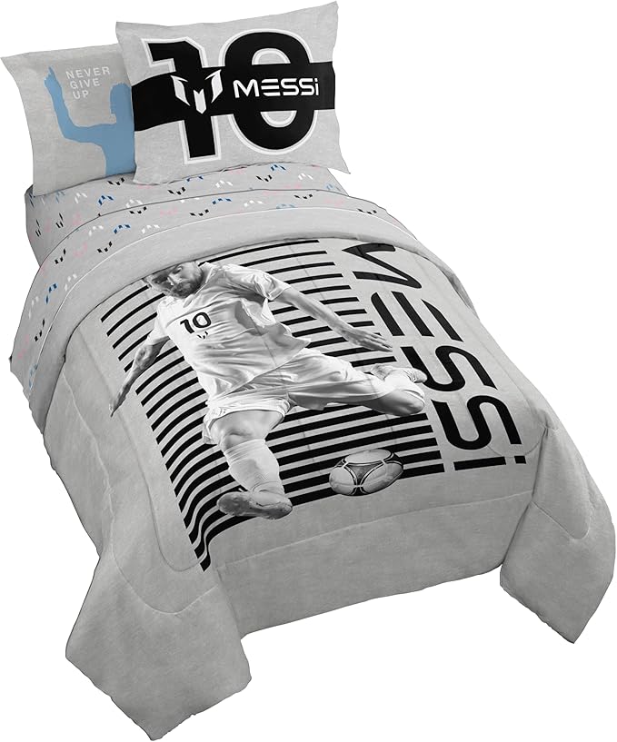 Jay Franco Kids Comforter Set Includes Sheets and Pillow Cover - Soft and Cozy Bed Set for Stylish Room Décor, Grey - Lionel Messi, 5 Piece Twin