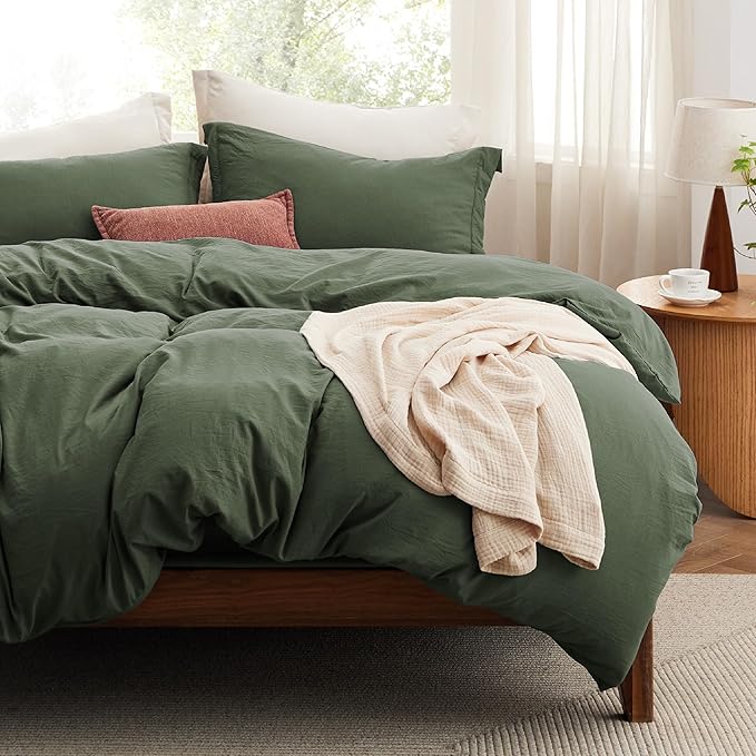 Bedsure California King Size Duvet Cover with Fitted Sheet - 4 Pieces Prewashed Polyester Extra Soft Bedding Set, Includes 1 Duvet Cover 104x98 Inches, 2 Pillow Shams, 1 Fitted Sheet, Olive Green
