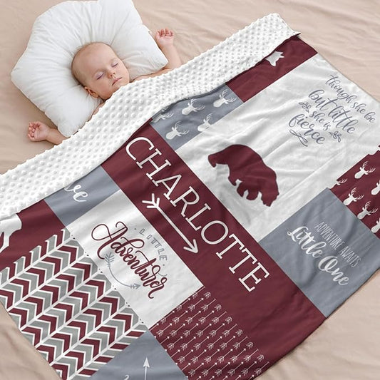 Custom Bear Baby Blanket for Girls, Baby Blanket with Name - 35 x 45 Blankets with Double Layer Dotted Backing - Shower Gifts for Nursery - Essential Bebe Stuff, Deep Red