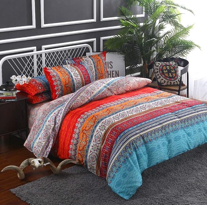 Boho Duvet Cover Queen, 100% Microfiber Ethnic Boho Colorful Bedding Set for Men Women, Blue Yellow Orange Modern Geo Aztec Print Duvet Cover, with Zipper Closure Luxury Soft Durable (Queen, 3pcs)
