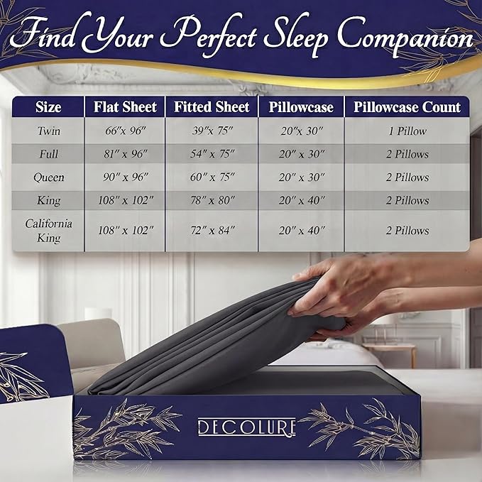 DECOLURE 100% Viscose Derived from Bamboo Sheets Twin Size - Luxury 3 Pc Naturally Cooling Sheets, Ultra Soft Bed Set - Deep 17" Pockets, Durable Double Stitching, Oeko Tex Standard (Charcoal)