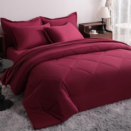 NTBAY King Comforter Set with Sheets, 7 Pieces Soft and Breathable King Bedding Set, Bed in a Bag, Down Alternative Comforter Set Solid Color All Season, Wine Red