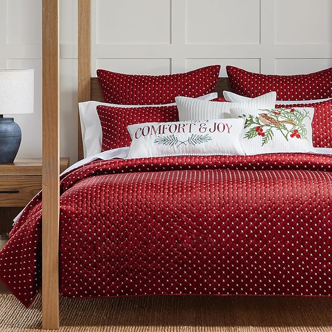 Levtex Home - Cross Stitch Velvet Red Quilt Set - Full/Queen Quilt + Two Standard Pillow Shams - Cross Stitched Pattern - Quilt Size (88x92in.) and Pillow Sham Size (26x20in.) - Reversible