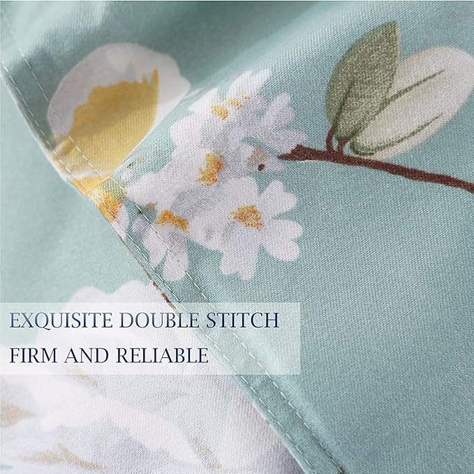 Nanko Full Size Duvet Cover Set, Green Floral Leaf Print Pattern, Microfiber Comforter Quilt Bedding Cover with Zip Ties - Spring Modern Farmhouse Bed Sets for Women Men, Teal Flower 3pc 80 x 90