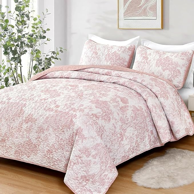 WONGS BEDDING Botanical Quilt Set Full Size, Pink 3 Pieces Toile Floral Plants Printed Bedspread Bedding Set Soft Lightweight Microfiber Coverlet Set for All Season (90"x78")