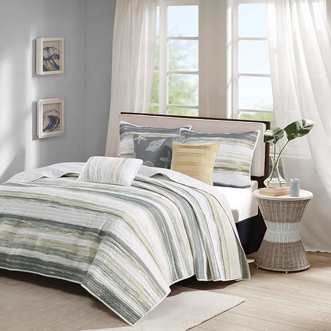 Madison Park Quilt Set Cottage Coastal Design, 6 Piece Set - All Season, Coverlet Bedspread Lightweight Bedding Layer, Shams, Toss Pillows, King/Cal King(104 in x 94 in), Yellow/Grey