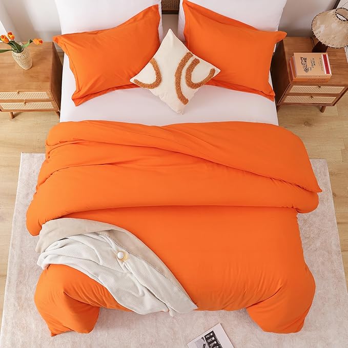 Whitney Home Textile Orange Duvet Cover Set King Size - 3 Piece Luxury Soft Cooling Duvet Cover with Zipper Closure and Pillow Sham, Breathable Washed Brushed Microfiber, Comforter Not Included