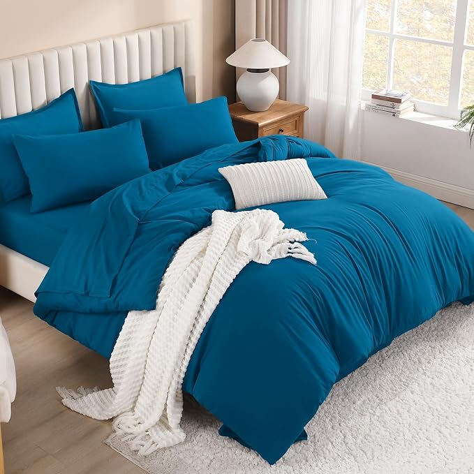 Litanika Comforter Queen Size Set Teal - 7 Pieces Bed in a Bag Queen Bedding Comforter Sets, Plain Lightweight Bed Set with Comforter, Sheets, Pillowcases & Shams