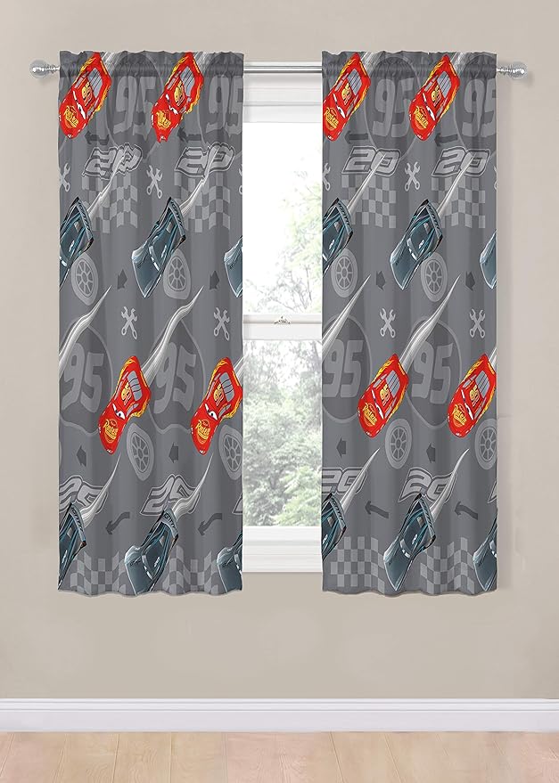 Jay Franco Disney Pixar Cars Lighnting Speed 63" Inch Drapes - Beautiful Room Decor & Easy Set Up, Bedding Features Lightning McQueen - Curtains Include 2 Tiebacks, 4 Piece Set (Official Product)