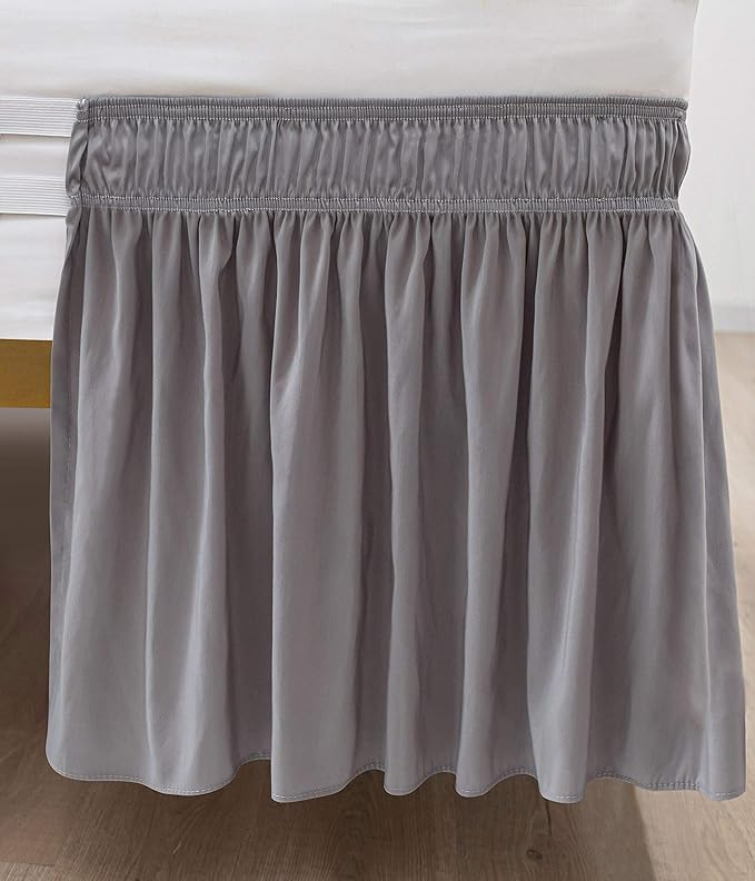 Wrap Around Bed Skirts Elastic Dust Ruffles, Easy Fit Wrinkle and Fade Resistant Silky Microfiber Fabric Solid Color Bedskirt, 12 Inch Tailored Drop Silver for Twin XXL Size Bed Skirt
