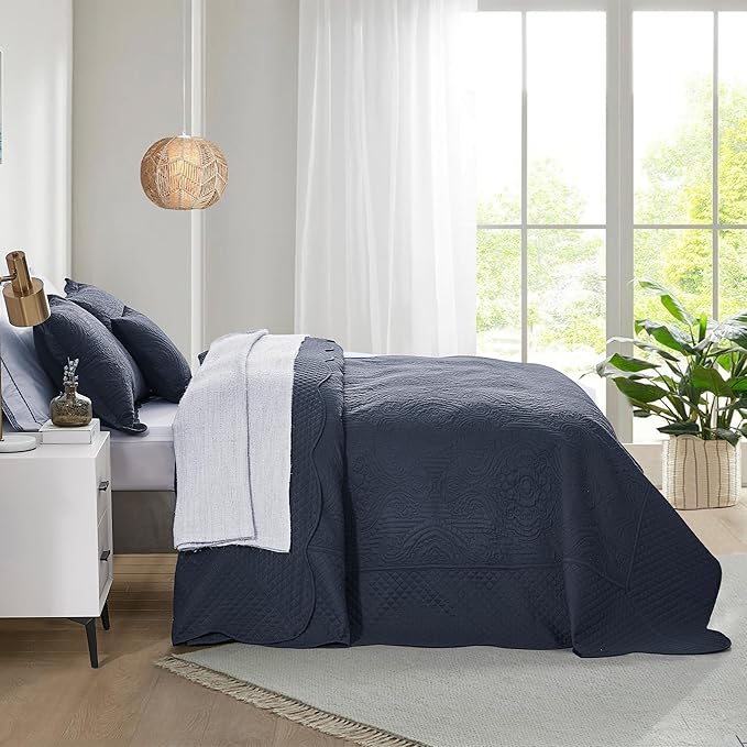 HZ & HY Oversized King Bedspread 128x120 Extra Wide, Ultrasonic Coverlet Bedding Set, Lightweight Thin Comforter, Reversible, 5 Piece, 100% Microfiber, Navy Blue