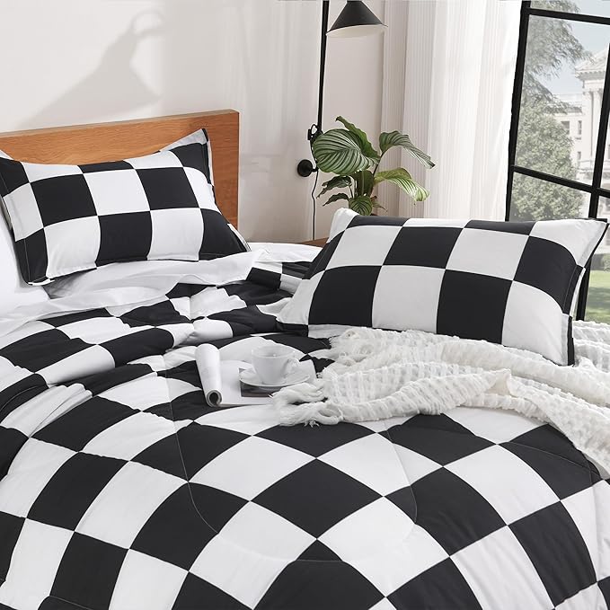 Andency Checkered Comforter Twin XL(68x92Inch), Black White Plaid Gingham Buffalo Grid Bed Set for Students Boys Kids Teens, 2 Pieces Lightweight Microfiber Geometric Dorm Bedding