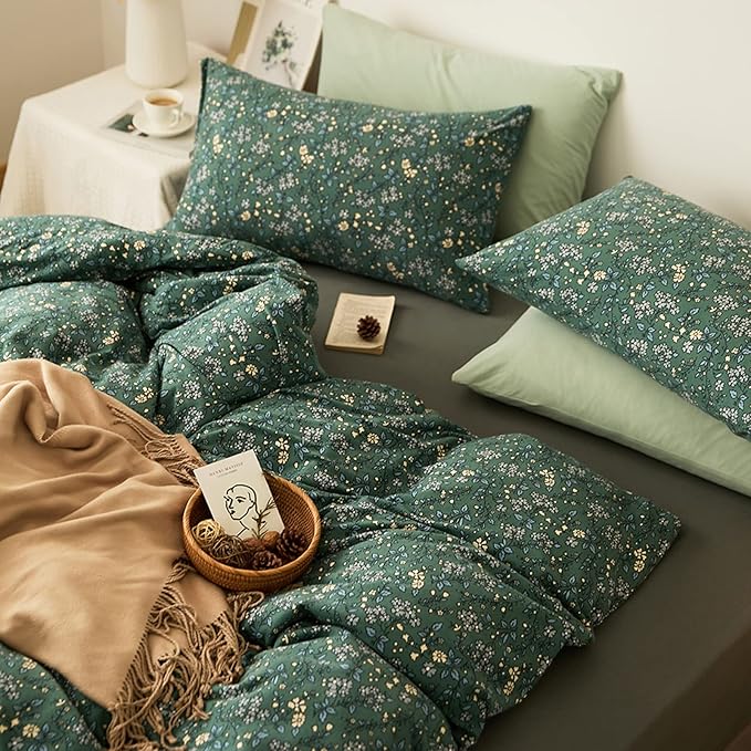 HighBuy Full Size 100% Cotton Jersey Knit Duvet Cover Set - Green Floral - 3 Piece - Duvet Cover (80"x90") & 2 Pillowcases (20"x26") - Cottagecore Style - Unisex - Breathable & Fade Resistant