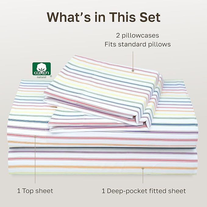 California Design Den Striped Queen Sheet Set - 400 Thread Count Sateen, Natural 100% Cotton Sheet Set Queen Size, Deep Pocket and Durable Bedding - Rainbow Striped