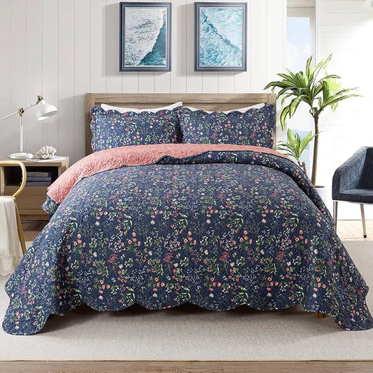 Travan 3-Piece Quilt Set Quilted Bedspread Lightweight Coverlet Set Garden Style Floral Printed Oversized Quilted Bedding Set for All Season, Blue Flower Sea, Queen Size