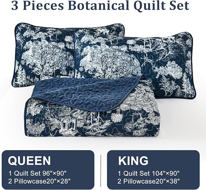 WONGS BEDDING Quilt Set King Size, 3 Pieces Navy Blue Botanical Floral Printed Bedspread Coverlet Set Soft Lightweight Toile Plants Bedding Set for All Season (104"x90")