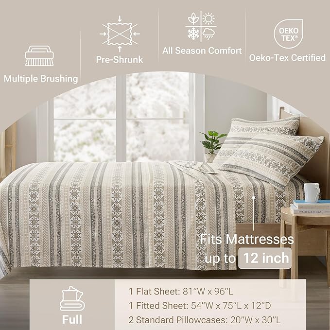 True North by Sleep Philosophy Flannel Sheets Full Size, Cozy 100% Cotton Flannel Bed Sheets, Ultra Soft Cute Sheet Set, Elastic Pocket Fits Up to 14" Mattress, Nordic 4 Piece
