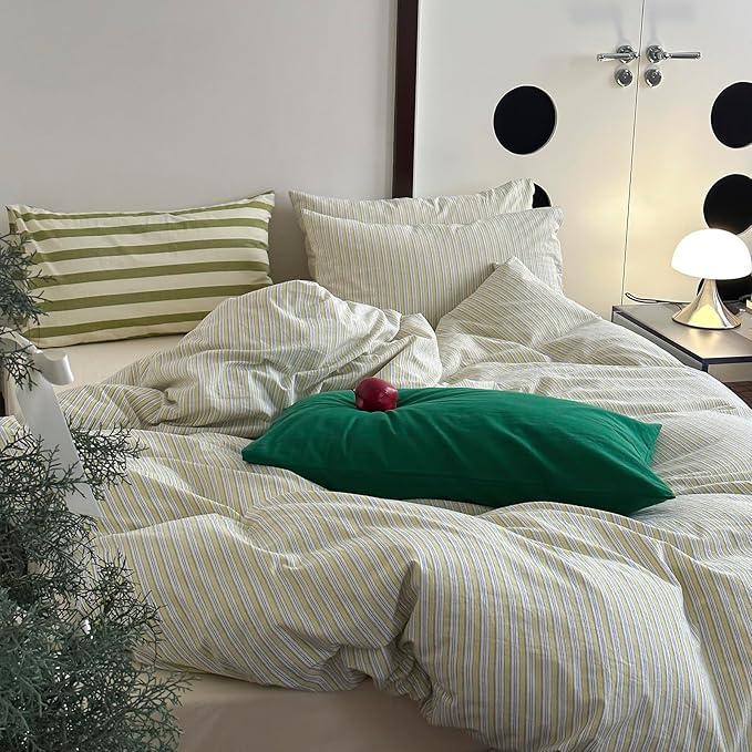 mixinni Vintage Geometric Striped Duvet Cover Set - 3 Piece 100% Washed Cotton King Size Bedding Set with Matching Pillowcases | Mid-Century Modern Design | Ultra Soft & Breathable-King Size