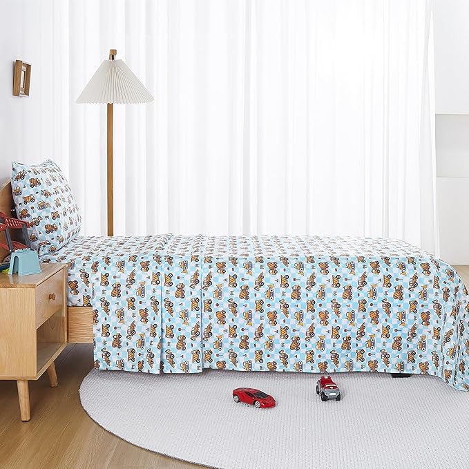 Kids Sheet Set Full Size, Full Sheet Set with Grid Excavator Pattern，Breathable Silky Soft Microfiber Kids Fitted Sheet