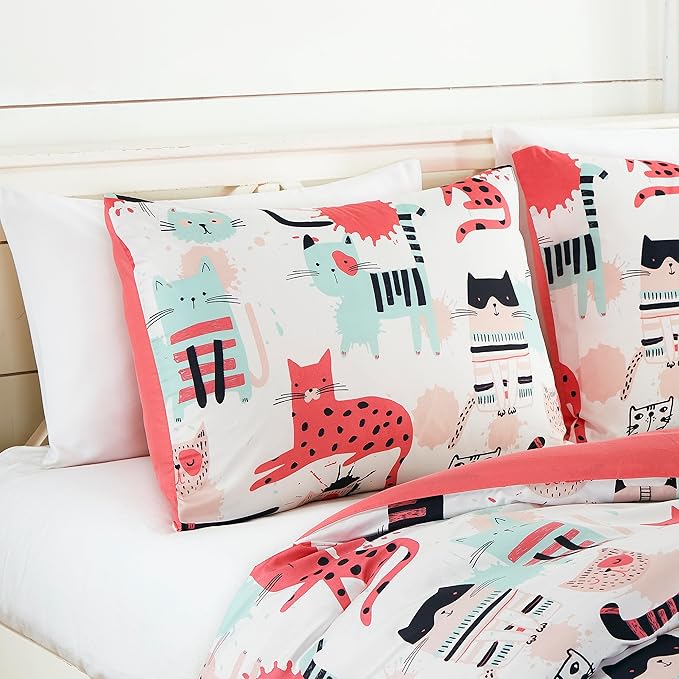 Chezmoi Collection 3-Piece Cartoon Cats Bedding Set Twin Size - Blue Pink Black Soft Microfiber Comforter Set w/Cat Throw Pillow for Kids Teens