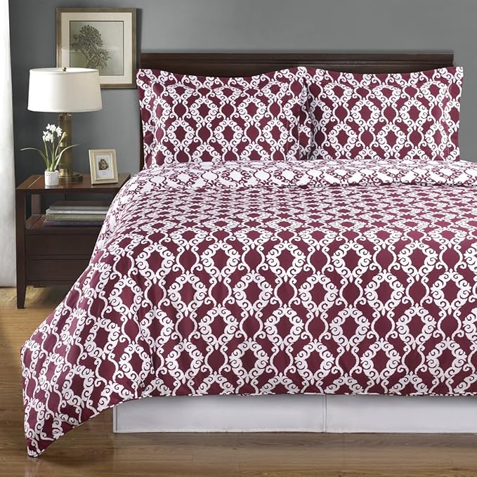 Royal Hotel Bedding Burgundy and White Sierri 3 Piece Twin/Twin XL Comforter Set 100% Cotton 300 Thread Count