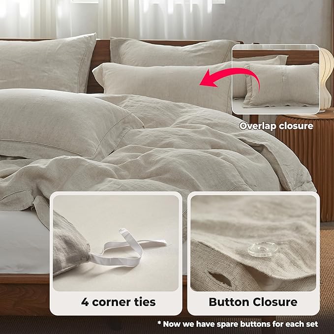 Simple&Opulence 100% Washed Linen Duvet Cover with Embroidered, 3 Pieces Soft Farmhouse Comforter Set with Button Closure, 1 Duvet Cover and 2 Pillowshams(Full,Natural Linen)