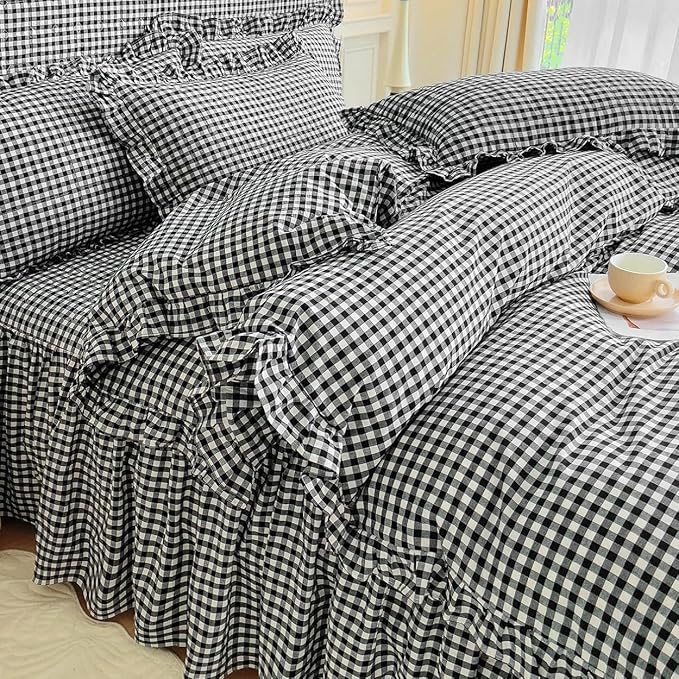 LifeTB Black Gingham Comforter Set King Ruffle Checkered Plaid Comforter Set 3 Pieces Boho Grid Bed Comforter with 2 Pillowcases Fluffy Soft Vintage Checkered Lightweight Gingham Bedding Set King