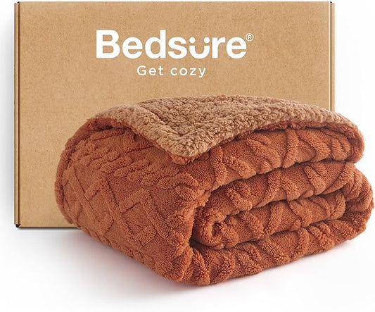 Bedsure Gentlesoft Sherpa Fleece Blanket Twin Size for Bed - Fluffy & Cozy Cable Jacquard Tufted for Women Gift, Thick and Warm Christmas Blanket for Winter, Orange, 60x80 Inches