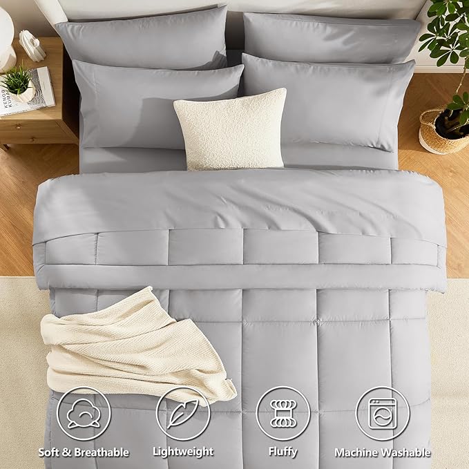 CozyLux Oversized King Comforter Sets French Grey, 7 Pieces Bed in a Bag, Ultra-Soft All Season Bedding Sets with Stitch Quilted Comforter, Flat Sheet, Fitted Sheet, Pillowcases, French Grey