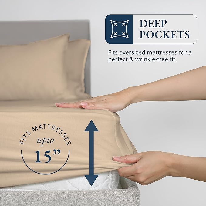 LANE LINEN Queen Fitted Sheet & 2 Pillowcases, 100% Organic Cotton, Percale Weave, Soft & Breathable, Fits Mattress Up to 15" Deep - Linen (No Flat Sheet)