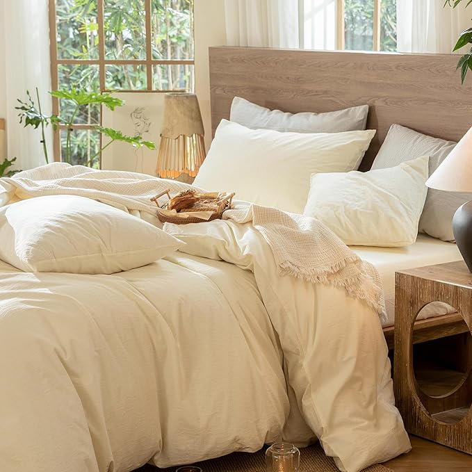 MooMee Wavy Striped Duvet Cover Set 100% Washed Cotton Linen Like Textured Breathable Durable Soft Comfy (Cream White, Cal King 104"x98")