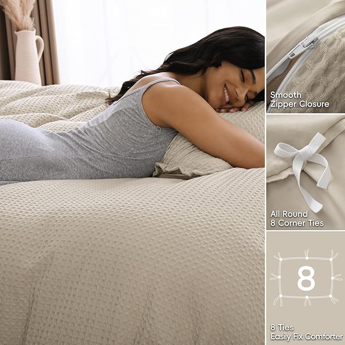 David's Home Waffle Weave Duvet Cover Set Twin Size,Soft Breathable 2pcs Comforter Cover Set with 1 Pillowcase,Textured Home Decor Bedding Set Cozy for All Seasons, Nature 68"×90",No Comforter