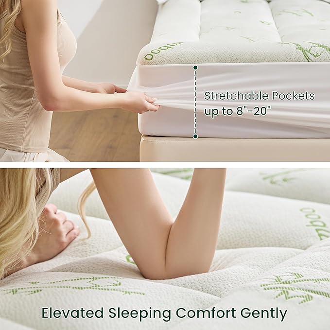 Love's cabin King Mattress Topper Viscose Derived from Bamboo, Thick Pillow Top Mattress Pad with Stretchable Pockets for 8"-20" Mattress, Breathable Cooling Mattress Topper for Hot Sleepers, Green
