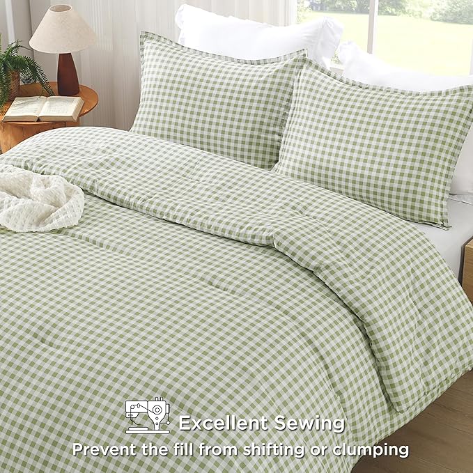 Andency Sage Gingham Comforter Set Full(79x90Inch), Green Checkered Grid Plaid Buffalo Bed Set for Girls Boys Kids Teens, 3 Pieces Lightweight Microfiber Geometric Preppy Bedding