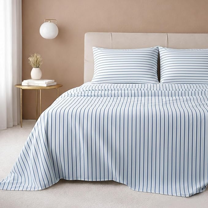 California Design Den Printed Striped Bed Sheets King Size Set - 600 Thread Count, 100% Cotton Sateen, Premium Deep Pocket King Sheet Set - Classic Blue Stripe Print