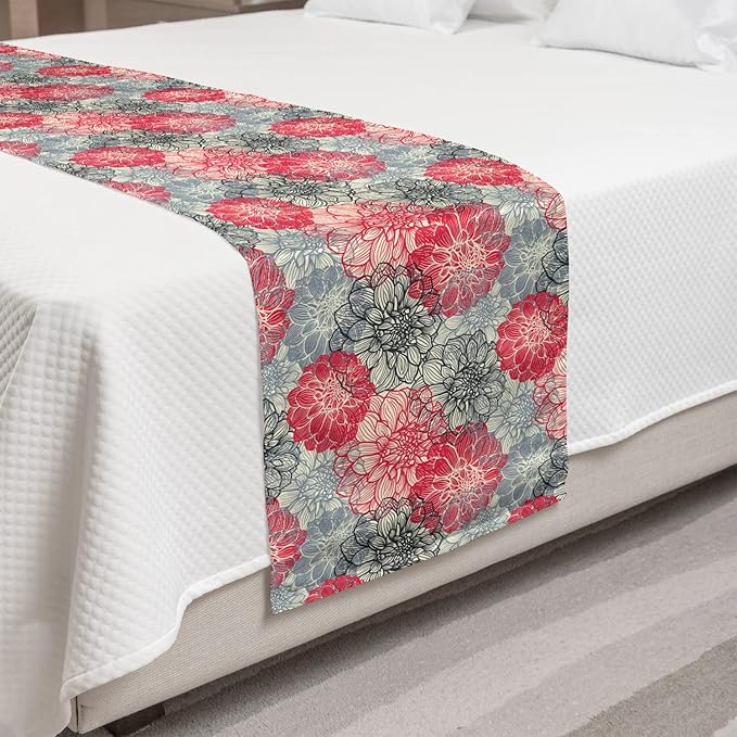 Lunarable Dahlia Flower Bed Runner, Hand Drawn Overlap Twisted Old Fashion Blossoms Boho Petals Floret Image, Decorative Accent Bedding Scarf for Hotels Homes and Guestrooms, Queen, Cream Pink