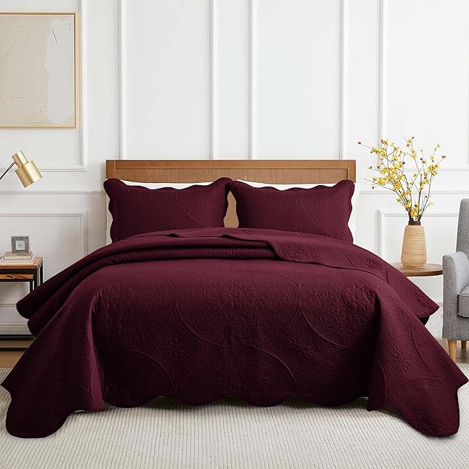 MOONLIGHT20015 8 Pack Quilt King Size Bedding (106" x 96") - Bulk Wholesale for Hotels, Guest Bedroom & Airbnbs - Lightweight Microfiber Reversible Floral Embossed Quilts Bedspreads (Burgundy)
