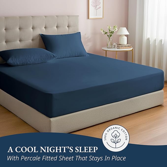 LANE LINEN Twin XL Fitted Sheet, 100% Organic Cotton 2-Piece Set (1 Fitted Sheet, 1 Pillowcase), Percale Weave, Soft, Breathable, Fits Mattress Upto 15" Deep - Estate Blue (No Flat Sheet)