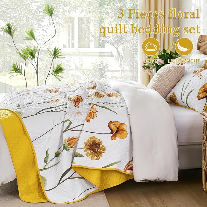 WONGS BEDDING Yellow Quilt Set King Size, Colorful Floral Quilt Set with 2 Pillowcase, Lightweight Spring Summer Farmhouse Coverlet Set for All Season (104"x90")