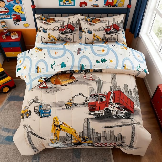 Holawakaka Trucks Tractors Cars Boy Bedding Comforter Set with Sheets, Twin Size Cartoon Construction Car Excavator Print Kids Bed in A Bag 5-Piece, Boys Reversible Dorm Bed Sets (Camel Twin)
