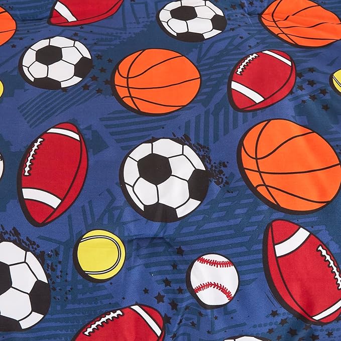 Chezmoi Collection 3-Piece Kids Sports Balls Bedding Comforter Set Twin Size - Soft Microfiber Navy Blue Gray Orange White Printed Football Soccer Basketball Baseball Tennis Sports for Kids/Teens
