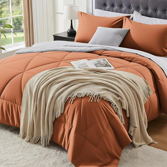 BEDELITE King Size Comforter Set 7 Pieces Bed in A Bag - Soft Microfiber Reversible Burnt Orange Bed Set with Comforters, Sheets, Pillowcases & Shams, Cozy Luxury Bedding Sets for All Season