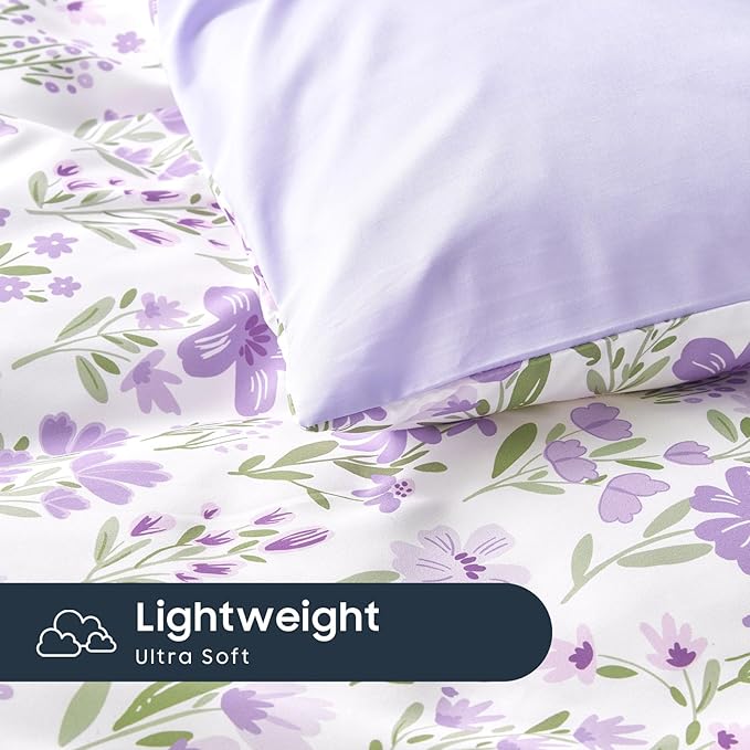 Wake In Cloud - Floral Bedding Set for Girls, Cute Colorful Botanical Flowers Patterned Soft Lightweight Comforter Set with Sheets, 5 Pieces Kids Bed in a Bag, Purple White, Twin Size