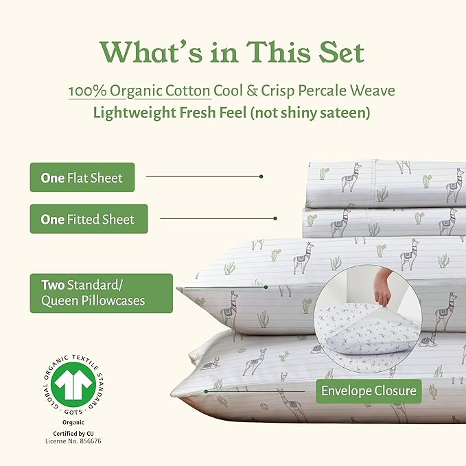 California Design Den Printed Queen Size Bed Sheet Set, 100% Organic Cotton Percale Sheets, Deep Pocket Queen Sheets & Pillowcase Set - Llama