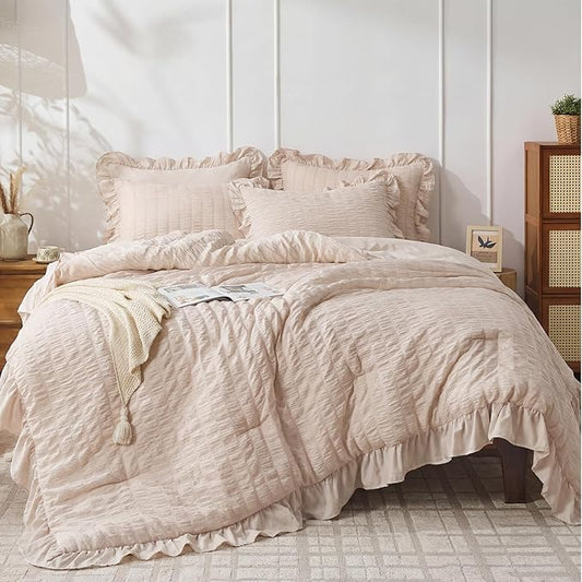 JOLLYVOGUE Beige Comforter Full Size, 3 Pieces Seersucker Lightweight Full Size Bedding, All Season Fluffy Microfiber Bedding Comforter Set with 1 Ruffle Comforter and 2 Ruffle Pillowshams