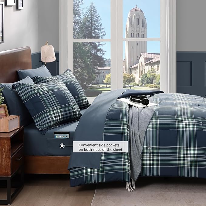 Plaid Twin XL Comforter Set, Midnight Blue Bedding Set 5 Pieces for Boys Girls Teen, Classic Farmhouse Bed in a Bag for Dorm with Sheets, Pillowcase & Sham