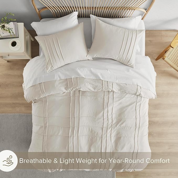 Comfort Spaces Neutral Cal King Size Duvet Cover Set - 3-pc Pintuck Pleated Duvet Cover, All Season Lightweight, Extra Softness Pre-Washed Microfiber Cal King Bed Cover Shams, Cal King